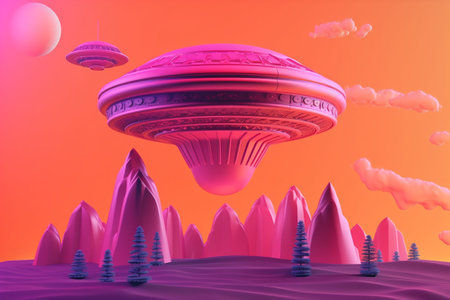 UFO flying over the planet. 3D rendering. 3D illustration. Generative AIの素材