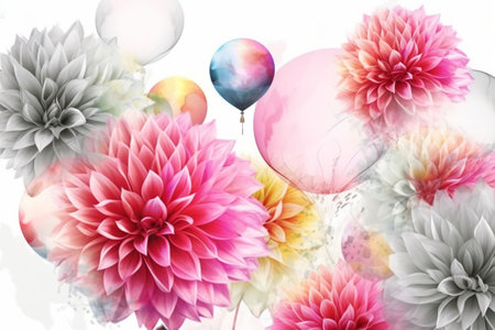 Colorful dahlia flowers and balloons with watercolor effect. Generative AIの素材
