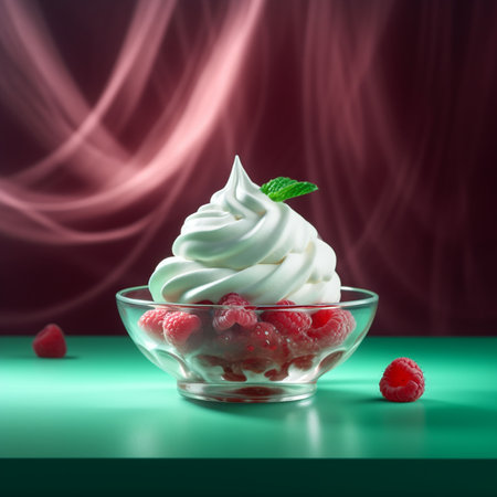 Ice cream with raspberries in a glass bowl on a green background. Generative AIの素材