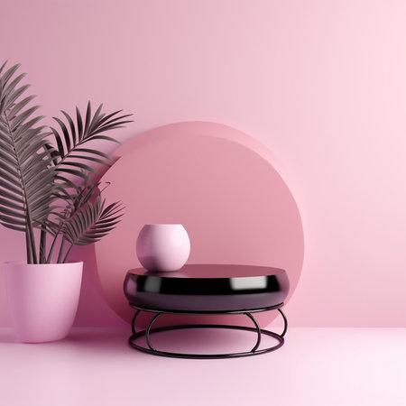 Minimalist composition with black round podium and plant on pink background. 3d rendering. Generative AIの素材