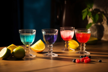 Colorful cocktails in glasses on a wooden table. Alcoholic drinks.Generative aiの素材