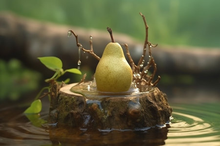 Pear on a wooden stump in the water with a drop of water. Generative AIの素材