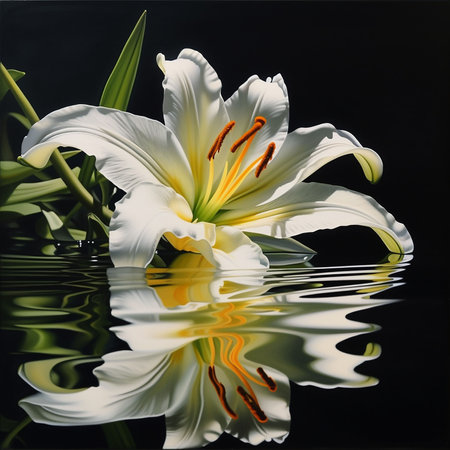 White lily on a black background with reflection in water. studio shot. Generative AIの素材