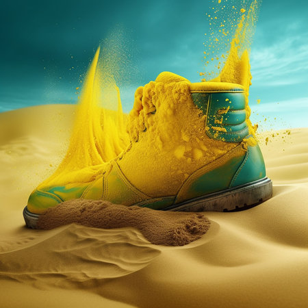 Yellow shoes in the sand under the blue sky. 3d illustration. Generative AIの素材