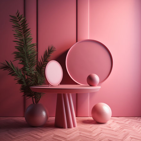 Minimalist pink room interior with round mirror and pink podium. 3d rendering. Generative AIの素材