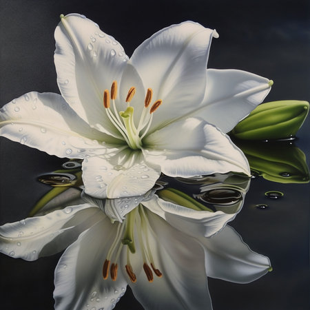 White lily on a dark background with water drops. studio photography. Generative AIの素材