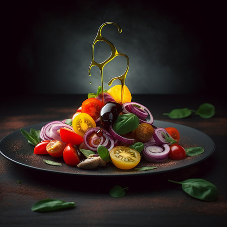 Salad with tomato, onion and basil on black plate over dark background. Generative AIの素材