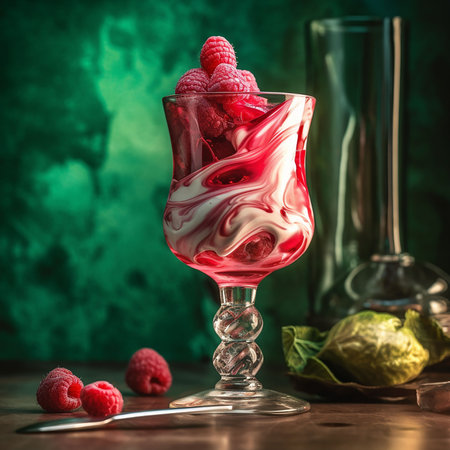 Fruit dessert with raspberries in a glass on a dark background. Generative AIの素材