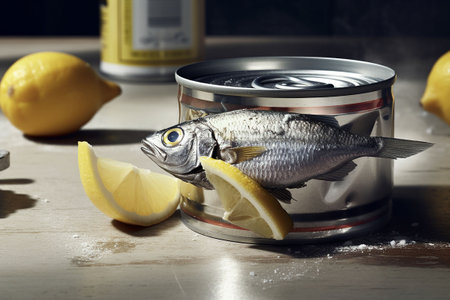 Tin can with fresh fish and lemon on table, closeup. Generative AIの素材