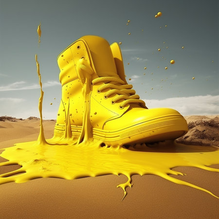Poster. Yellow boot filled with thick yellow paint, splashes, drops. Shoe on the sand against the sky. Generative AIの素材