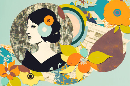 paper collage. Retro portrait of beautiful young woman on floral background. Generative AIの素材