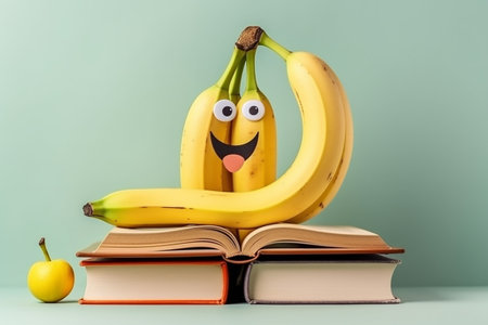 Creative food concept photo of funny banana character on open book. Generative AIの素材