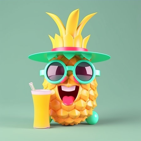 Funny pineapple character with sunglasses and a glass of juice. 3d illustration. Generative AIの素材
