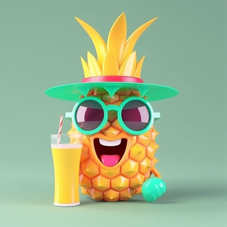 A series of illustrations of a happy pineapple. Funny pineapple character with sunglasses and a glass of juice. 3d illustration. Generative AIの素材