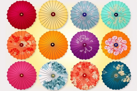 collage in paper style. Colorful paper umbrellas in the form of a circle. Generative AIの素材