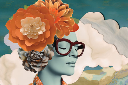 paper collage. Face of a beautiful woman with glasses and flowers in her hair. Generative AIの素材