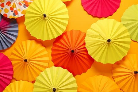 collage in paper style. Colorful paper umbrellas on orange background. top view. Generative AIの素材