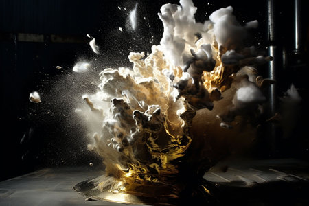 The liquid scatters with splashes and drops from an exploded can of beer. Generative AIの素材