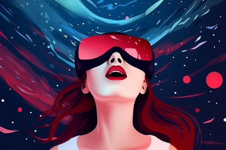 Surprised woman in 3d glasses with red hair. Illustration. Generative AIの素材
