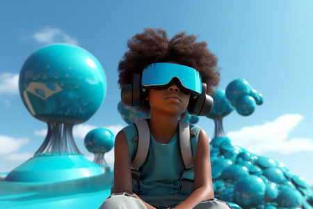 African american girl with afro hairstyle wearing virtual reality goggles. 3d rendering. Generative AIの素材