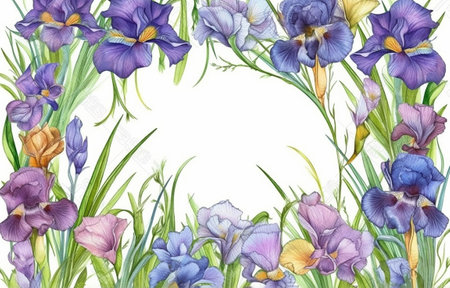 Beautiful floral frame with iris flowers. watercolor illustration. Generative AIの素材
