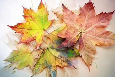 Colorful autumn maple leaves on a white background close-up. Generative AIの素材