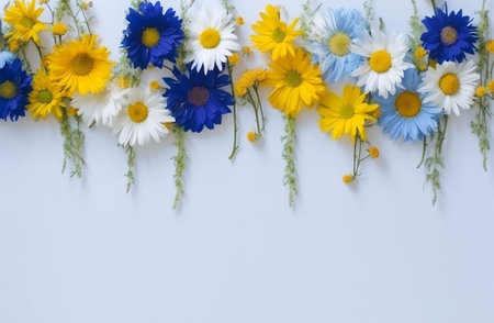 Banner. Garland of colorful daisies and green leaveson white background. . copyspace. Empty space for text, advertising. Generative AIの素材