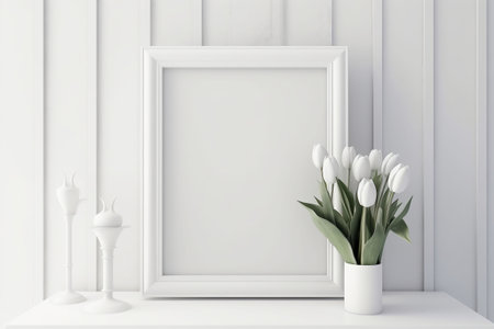 White tulips in a vase on a white table. 3d rendering mock up. Generative AIの素材