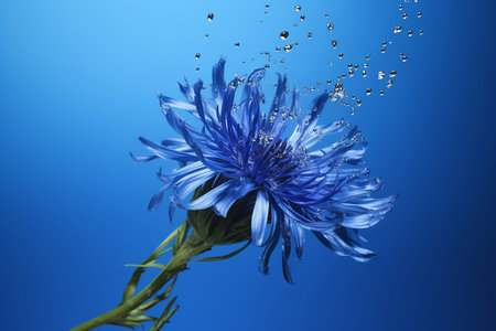Poster. Blue cornflower on a blue background with water drops and copy space. Generative AIの素材