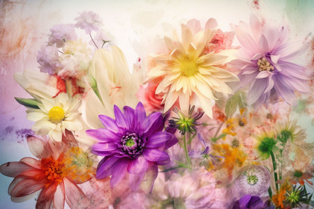 Colorful daisies on grunge background. spring flowers. Watercolor blurred floral background. Generative AIの素材