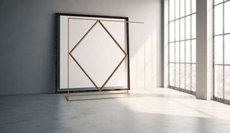 Art deco style. Modern gallery interior with empty picture frame on concrete floor. Mockup, 3D Rendering. Generative AIの素材