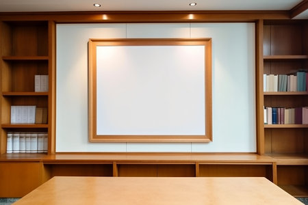 Blank white poster on the wall in the library with bookshelves. Generative AIの素材