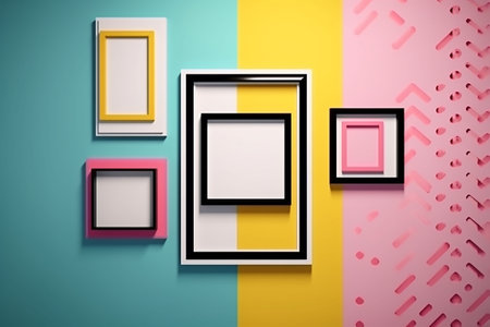 art deco. Colorful picture frames on a colorful background. 3D rendering. Generative AIの素材