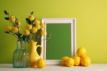 Still life with yellow lemons and a vase with lemons.White frame with empty green space inside against a yellow wall. Generative AIの素材