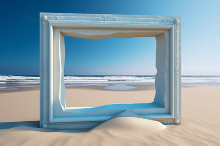 Empty picture frame on the beach. 3D rendering. conceptual image. Generative AIの素材
