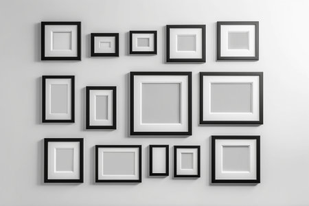 Black picture frames on white wall. 3d render illustration mockup. Generative AIの素材