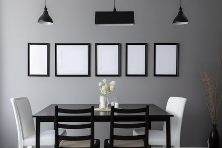 Modern dining room interior design with empty frames. Mockup, 3D Rendering. Generative AIの素材