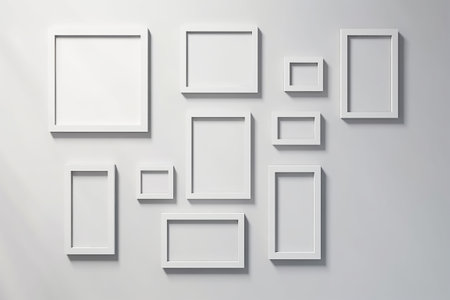 White picture frames on a white wall. 3d rendering mock up. Generative AIの素材