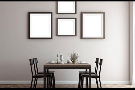 Interior of modern dining room with white walls, wooden floor, round table with chairs and picture frames. 3d rendering. Generative AIの素材