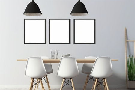 Modern cafe interior with empty frames on wall. Mockup, 3D Rendering. Generative AIの素材