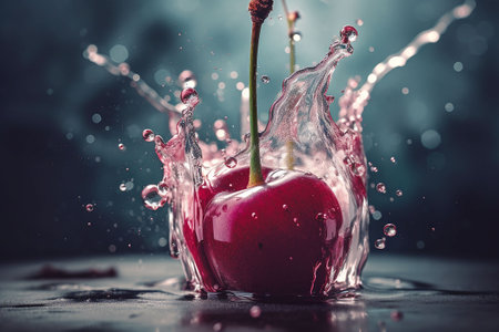 Cherry in water splash on a dark background. vintage style. Generative AIの素材
