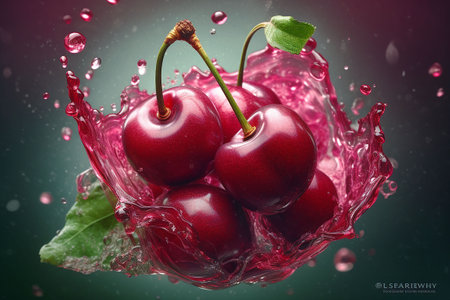 Cherry in water with drops and splashes on a dark background. Generative AIの素材