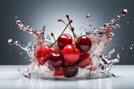 Cherries in water splash on gray background. 3d rendering. Generative AIの素材