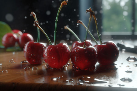 Cherries with water drops on a wooden table in the rain. Generative AIの素材