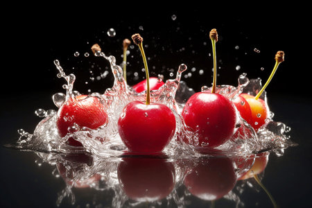 Cherries with water splash on a black background. fresh fruit. Generative AIの素材