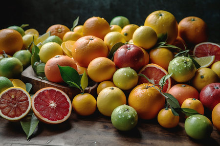 Variety of citrus fruit including lemons, lines, grapefruits and oranges. Generative AIの素材