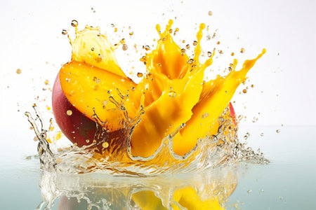 Splash of fresh mango fruit with water drops isolated on white background. Generative AIの素材