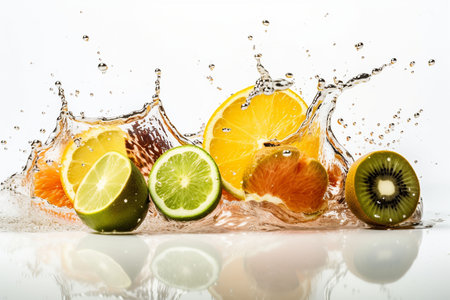 Citrus fruit splashing in water on a white background. Generative AIの素材