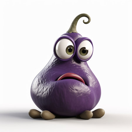Eggplant with sad face on white background. 3d illustration. Cartoon. Generative AIの素材