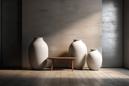 Ceramic vases on wooden table in modern interior. Mockup, 3D Rendering. Generative AIの素材